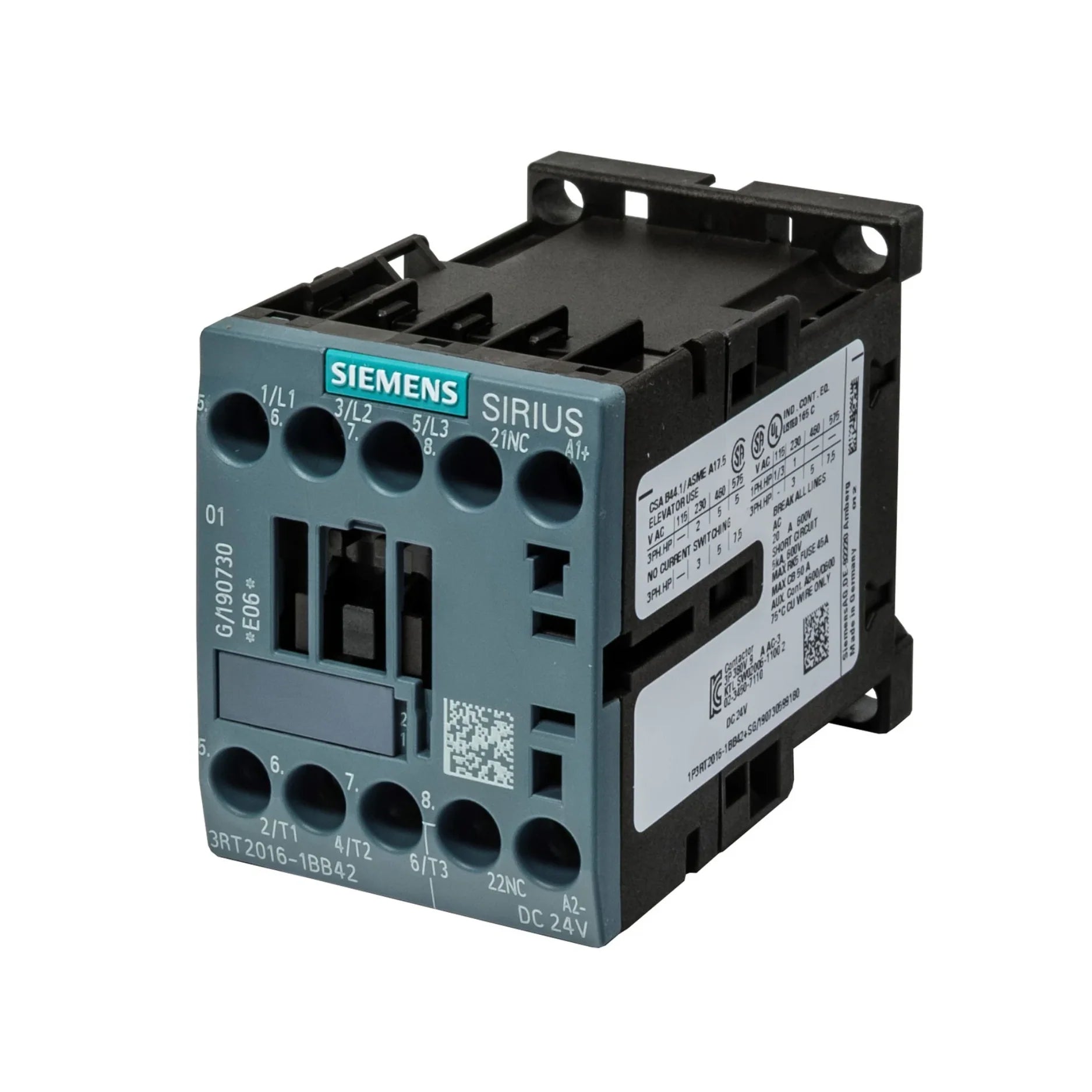 Siemens 3RT2016-1BB42 SIRIUS contactor for electrical circuit control in industrial automation.