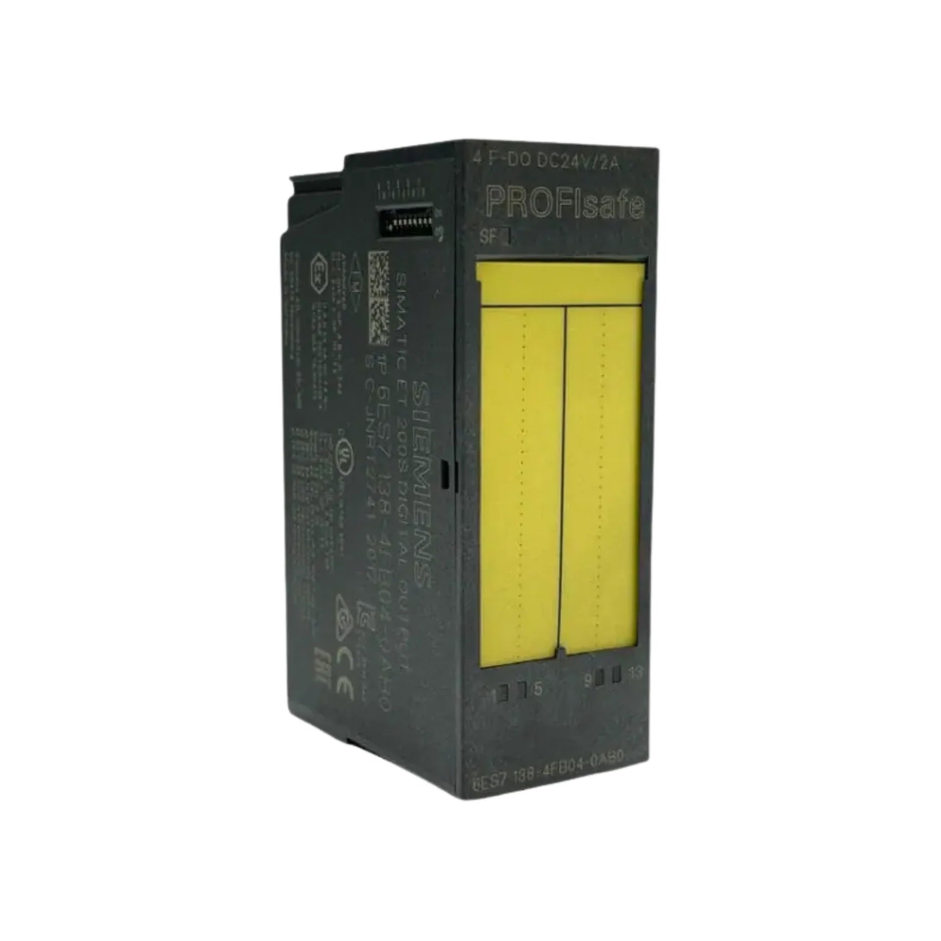 Siemens 6ES7138-4FB04-0AB0 ET 200SP fail-safe digital output module, 4 outputs, 24V DC, SIL 3 / PL e safety-rated.