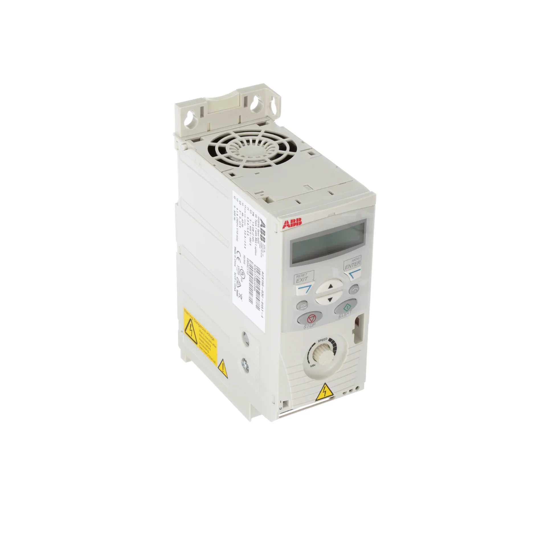ABB ACS150-01U-06A7-2 1.5 HP VFD, 230 V, single-phase input, compact design with keypad and EMC filter for OEM and light industrial use.