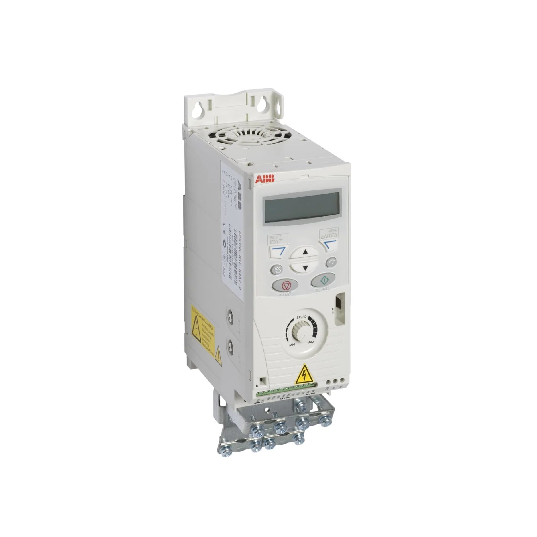 ABB ACS150-03E-03A3-4 1.5 HP VFD, 3.3 A, IP20 with integrated keypad, braking chopper, and EMC filter for OEM motor applications.