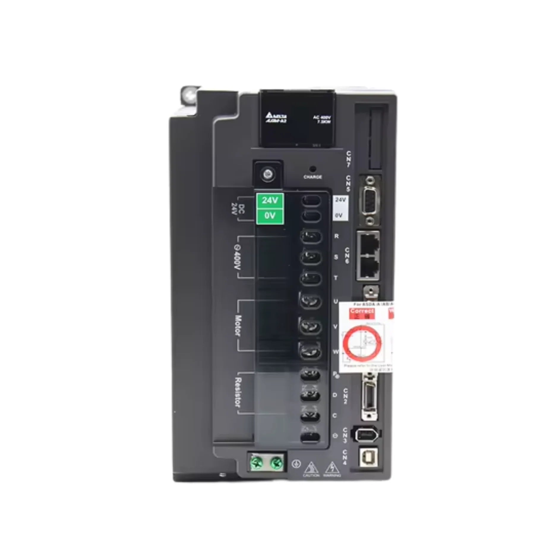 Delta ASD-A2-7543-M 7.5 kW servo drive with 400V 3-phase input, CANopen communication, and full-closed loop control for precision motion applications.