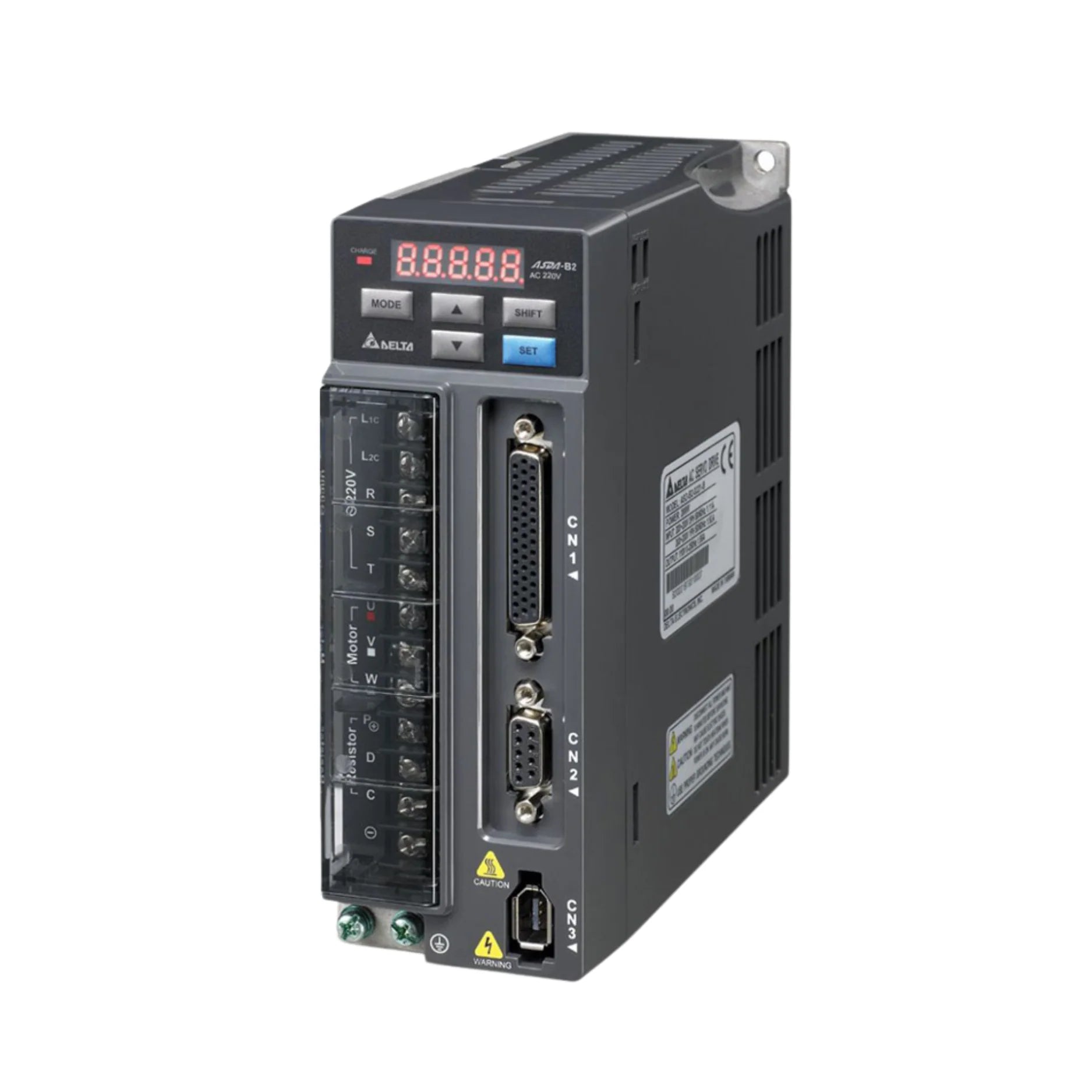 Delta ASD-B2-1521-B 1.5 kW servo drive with RS-485 Modbus, 220V input, for ECMA motors in position, speed, or torque control applications.