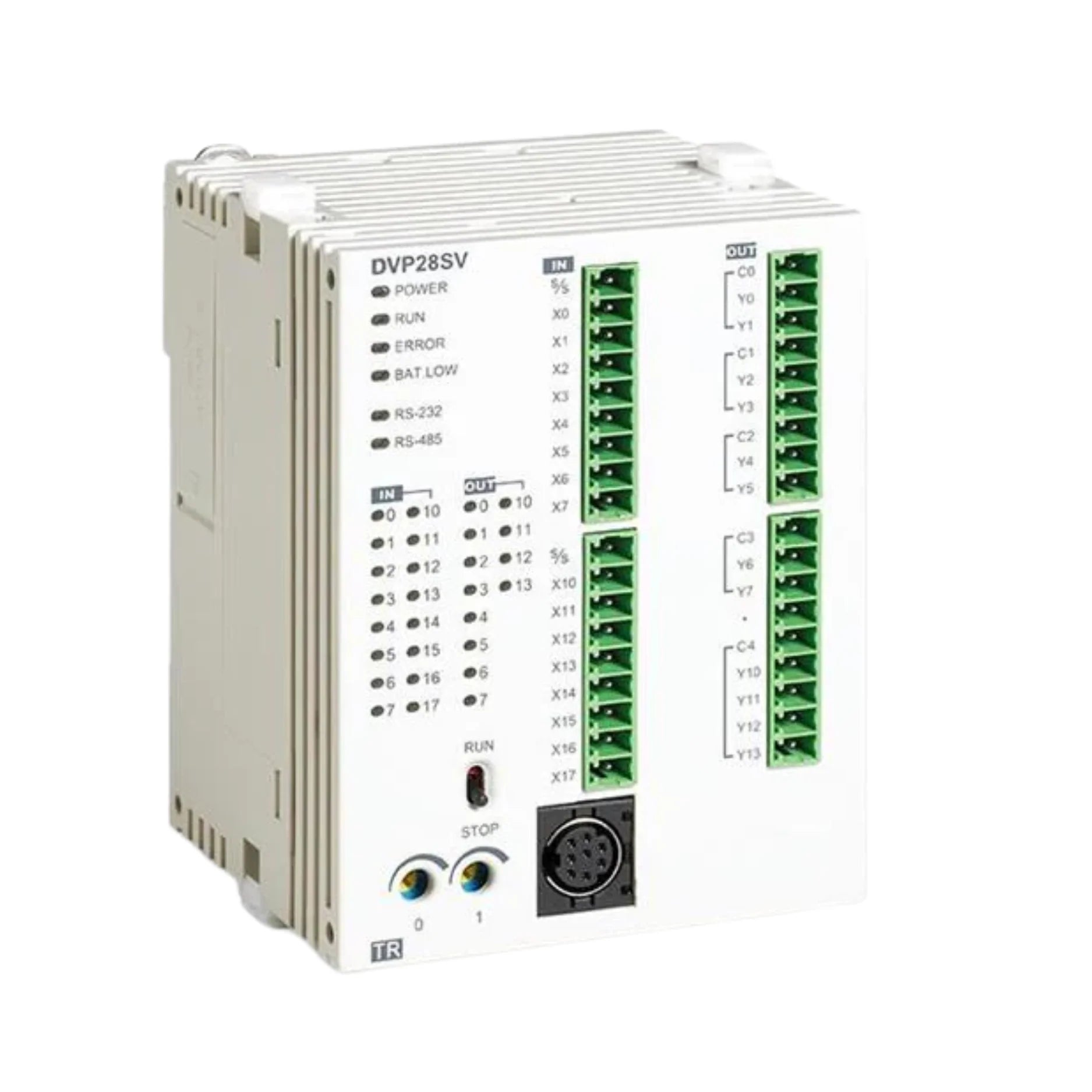 Delta DVP28SV11T2 PLC with 16 DI and 12 transistor outputs, high-speed logic, and built-in communication ports for automation control.