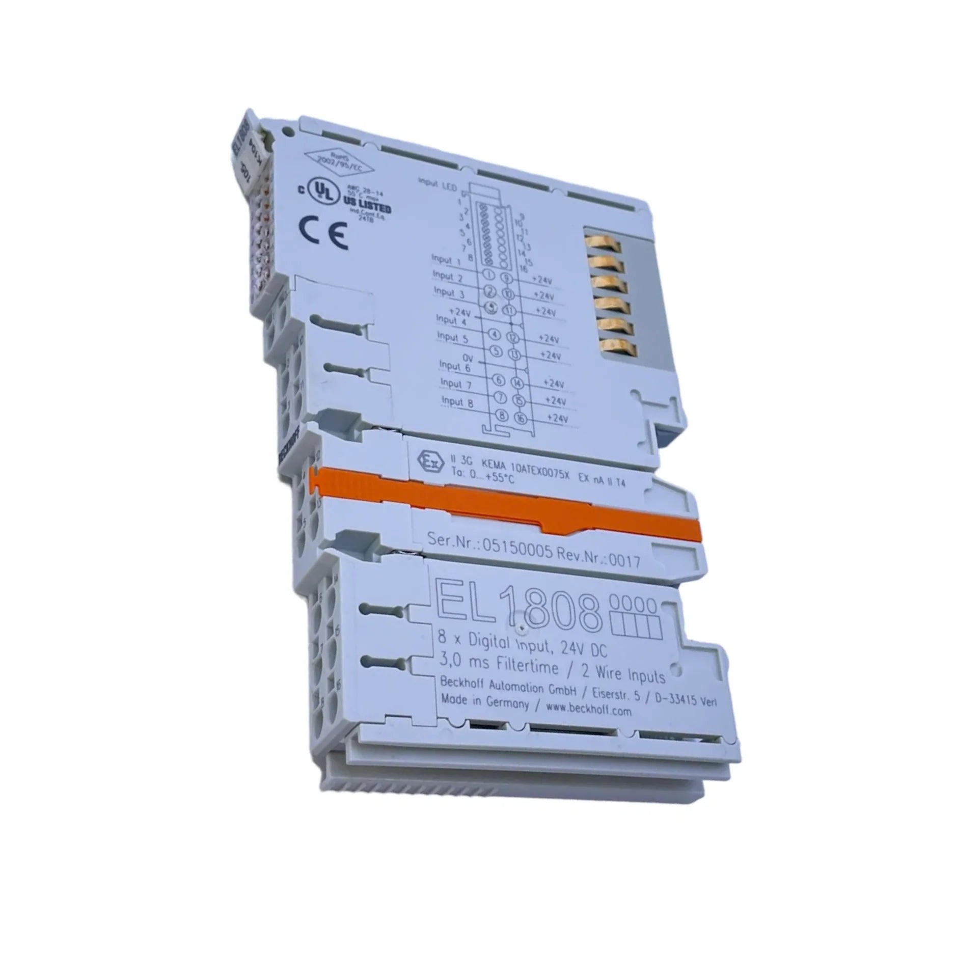 Beckhoff EL1808 8-channel digital input terminal, 24 V DC, for precise and reliable signal acquisition in automation systems.