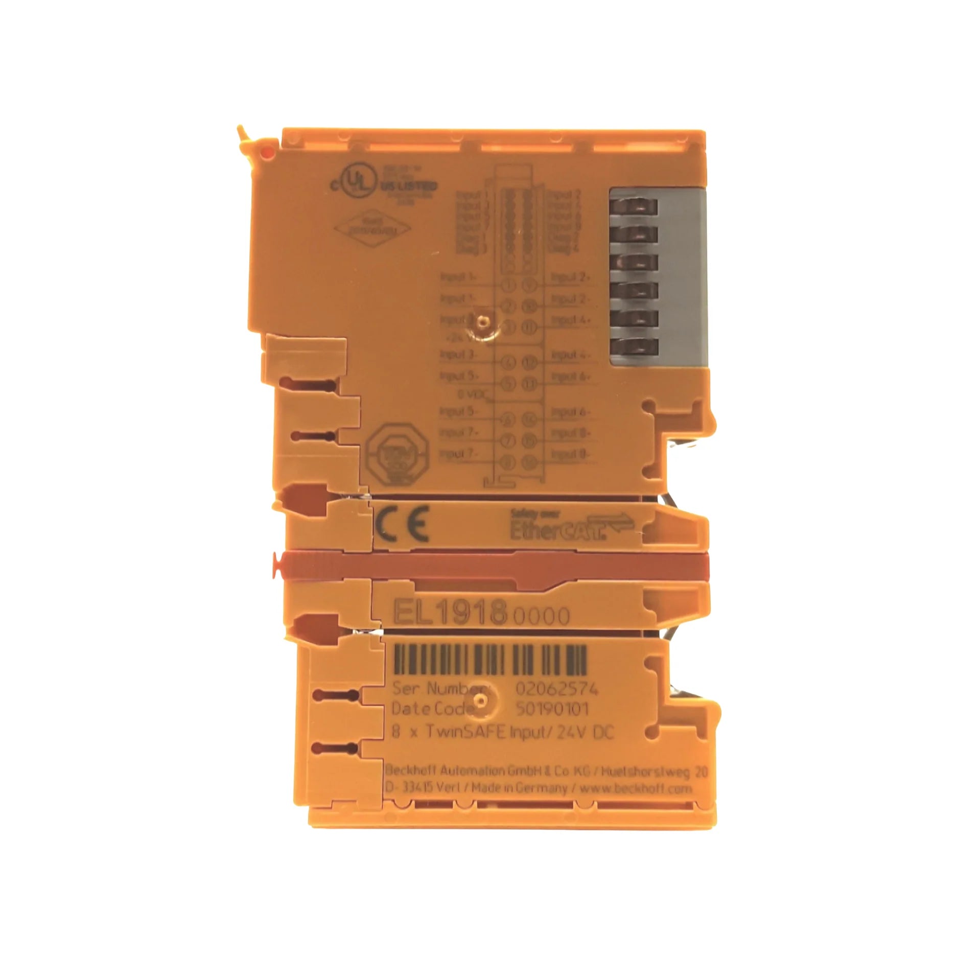 Beckhoff EL1918 TwinSAFE terminal with 8 fail-safe inputs, SIL 3 certified, EtherCAT DIN-rail mount