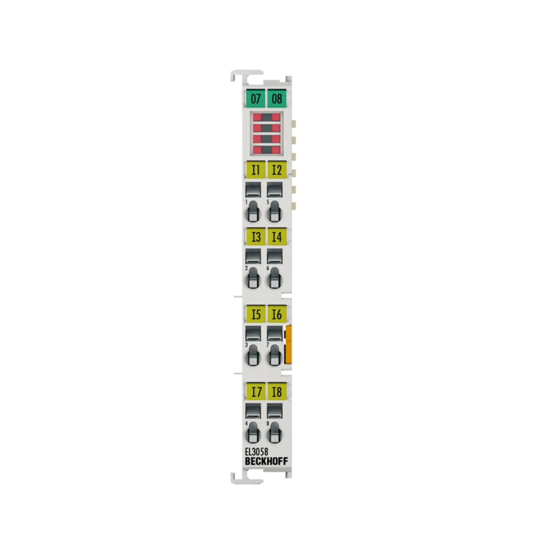 Beckhoff EL3058 8-channel analog input terminal for 0–10V signal monitoring with 12-bit resolution and EtherCAT integration.