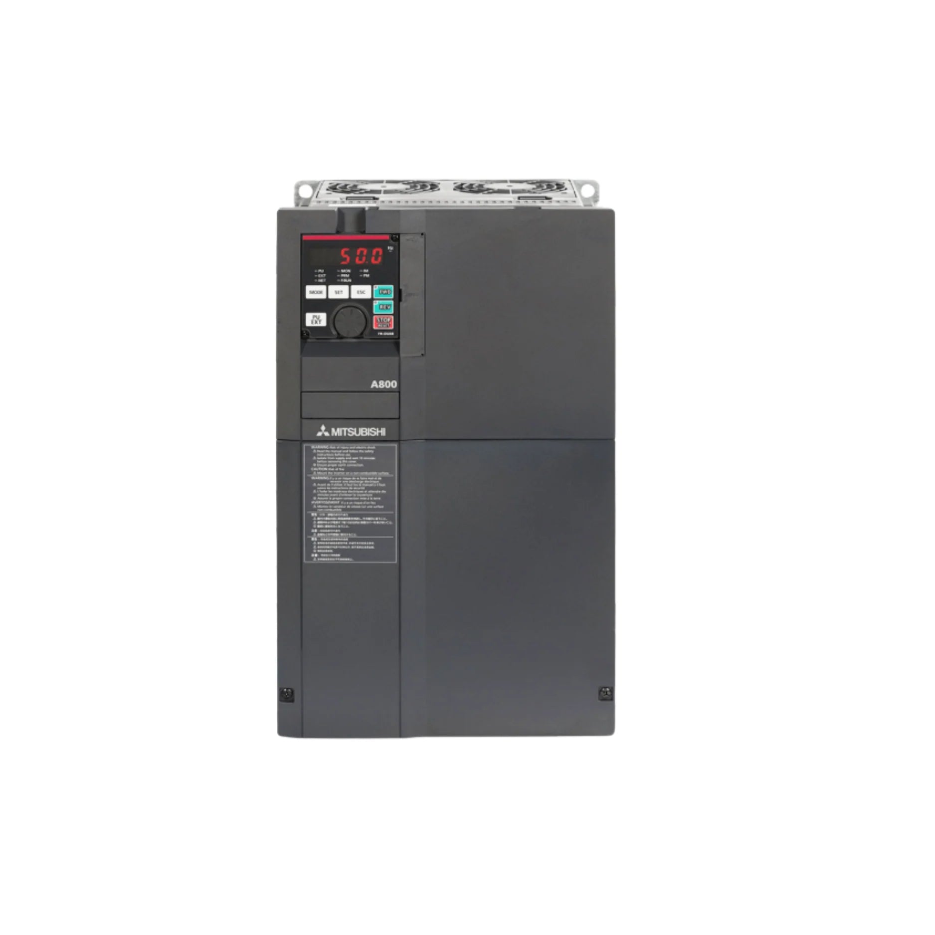 Mitsubishi FR-A840-00620-2-60 VFD, 75 HP, 3-phase 200–240V AC, FR-A800 Series with vector control and built-in communication.