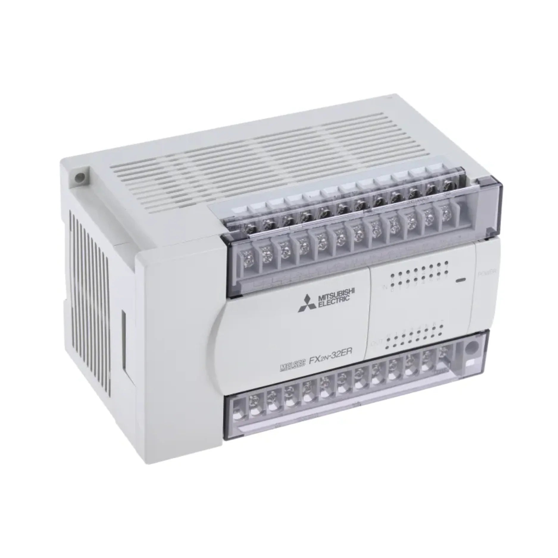 Mitsubishi FX2N-32ER I/O module with 16 inputs and 16 relay outputs for FX series PLC expansion.