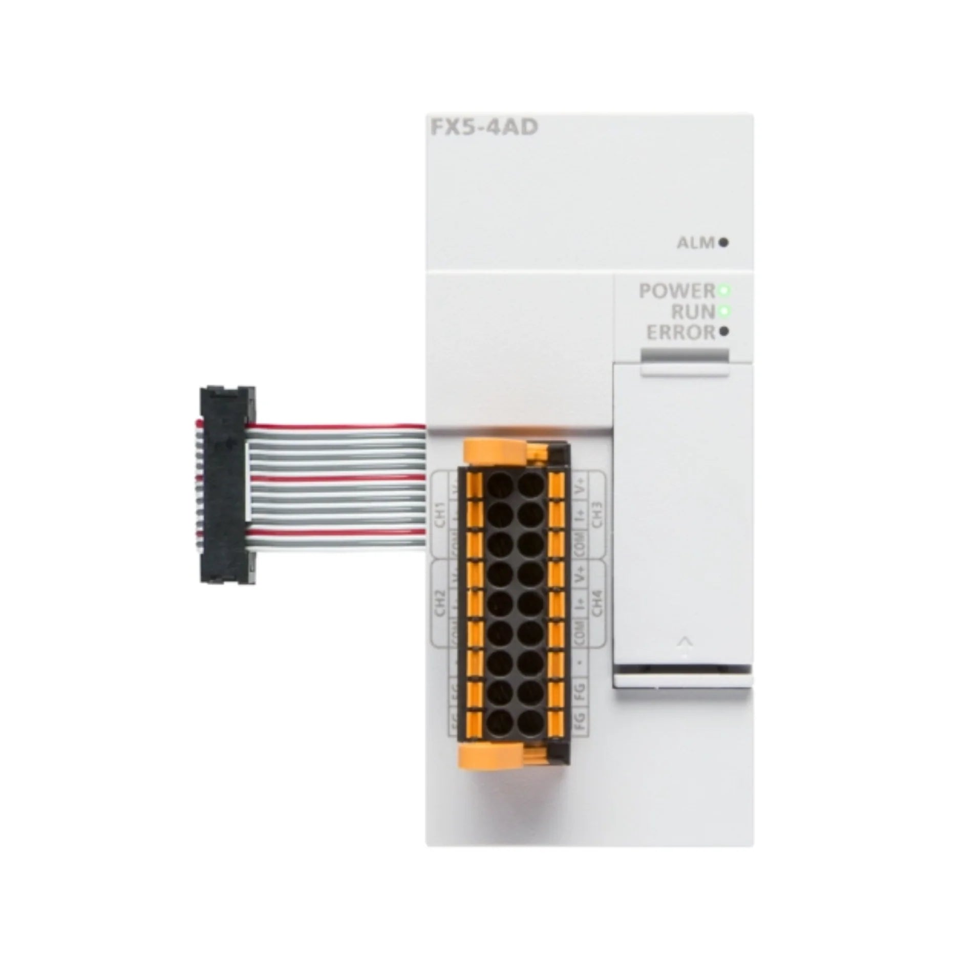 Mitsubishi FX5-4AD analog input module, 4 channels, ±10V / 0–10V / 4–20mA, 12-bit resolution for FX5U Series PLCs.