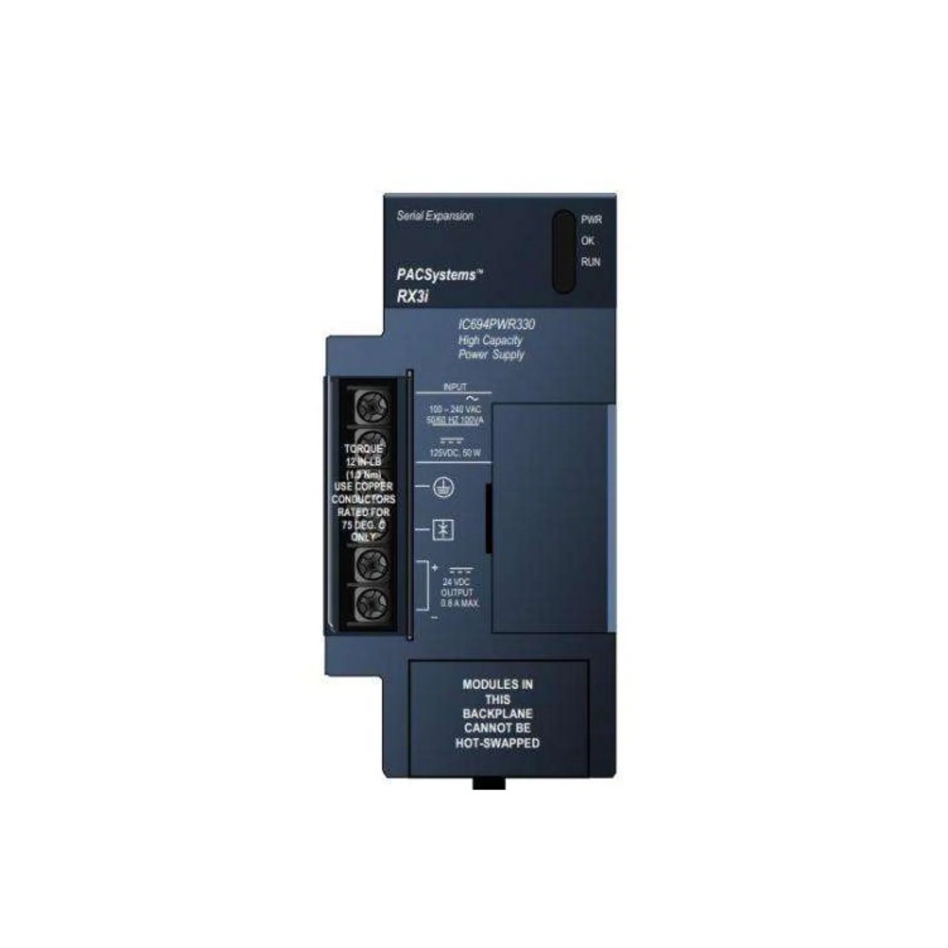 GE IC694PWR321 RX3i power supply module, 30W, accepts 120/240VAC or 125VDC input for PACSystems backplanes.