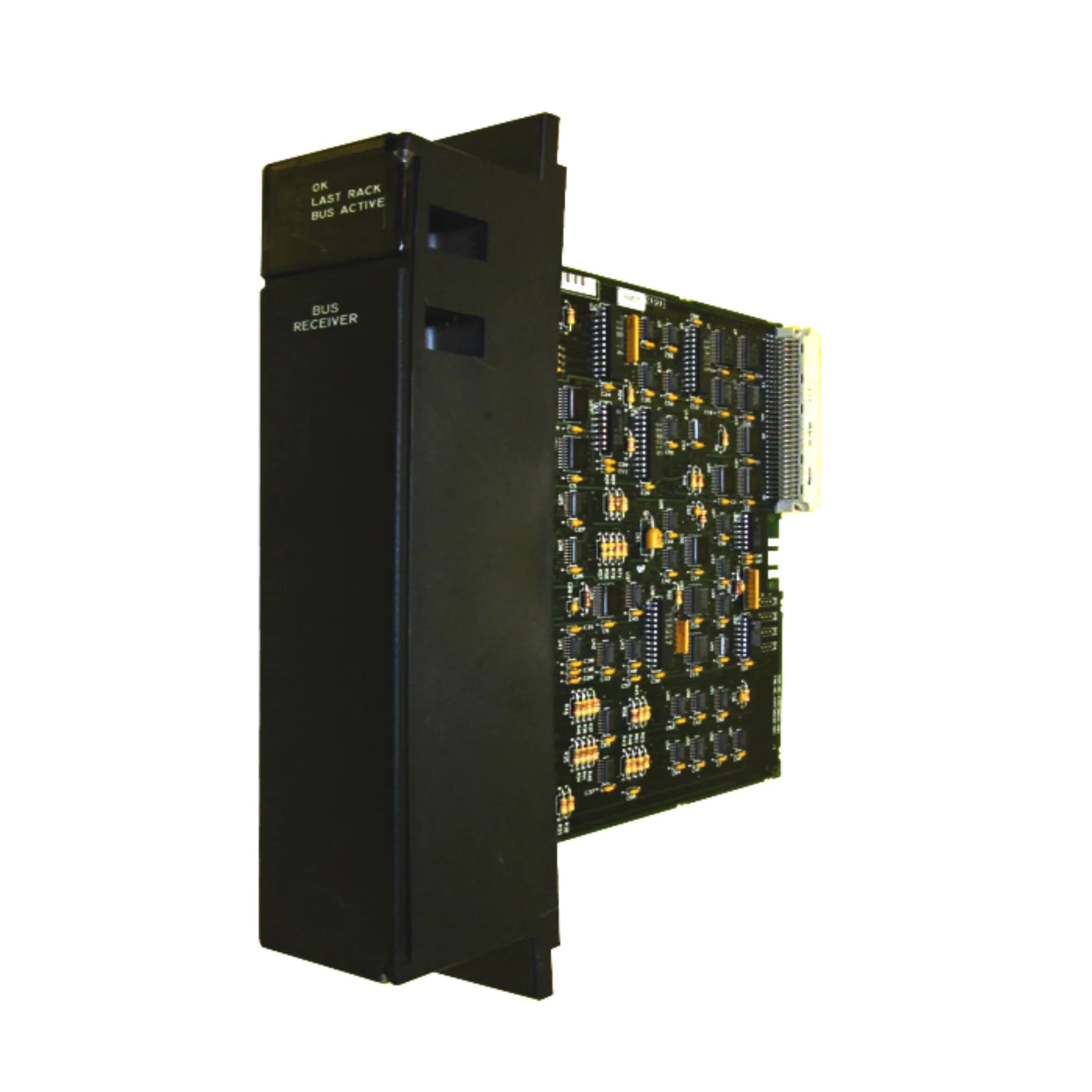 GE IC697BEM711 bus receiver module for Series 90-70 PLCs, used for I/O expansion with remote or local racks via high-speed backplane link.