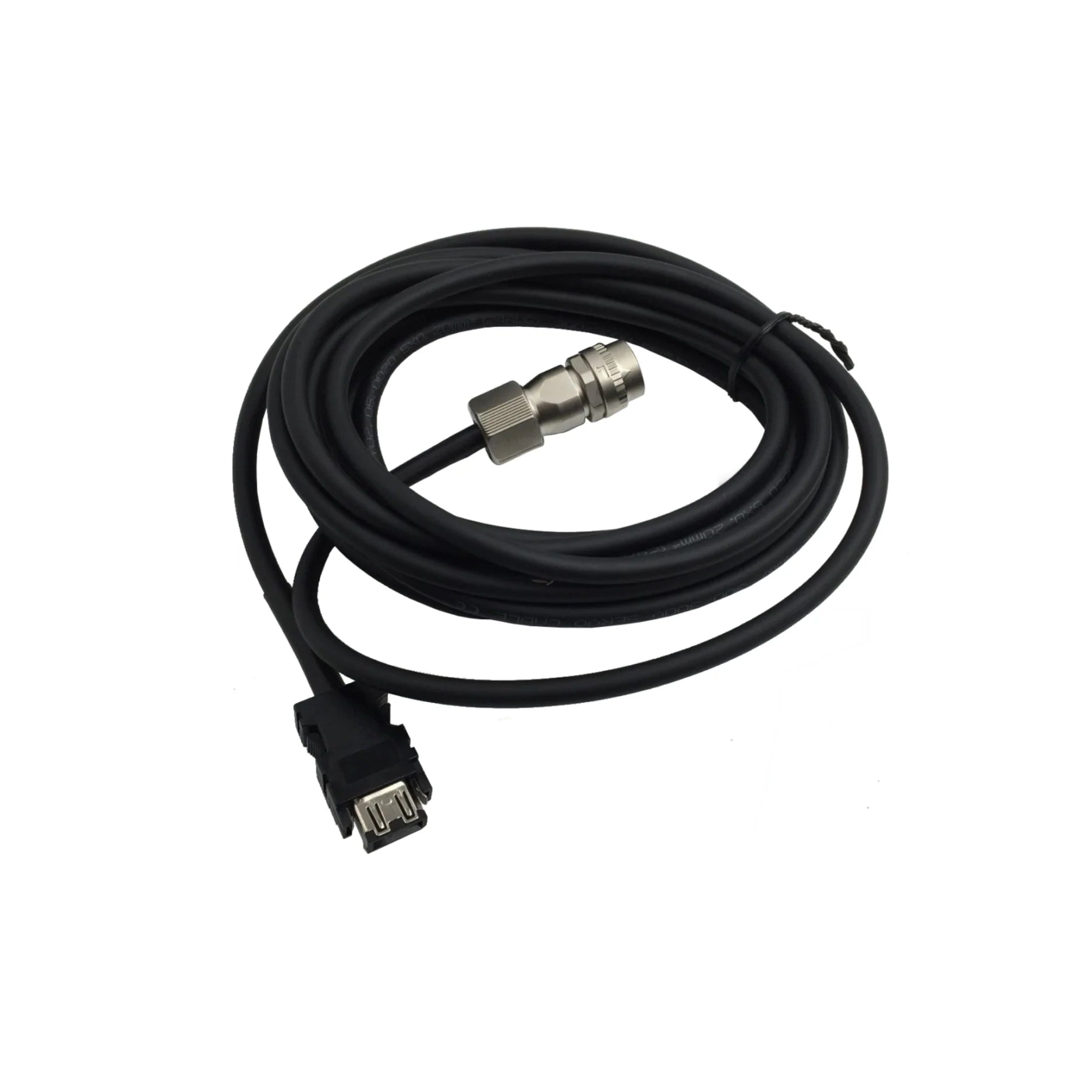 Mitsubishi MR-J3ENSCBL5M-L encoder cable, 5 meters, shielded, straight connector, low-noise design for MR-J3 servo motors.