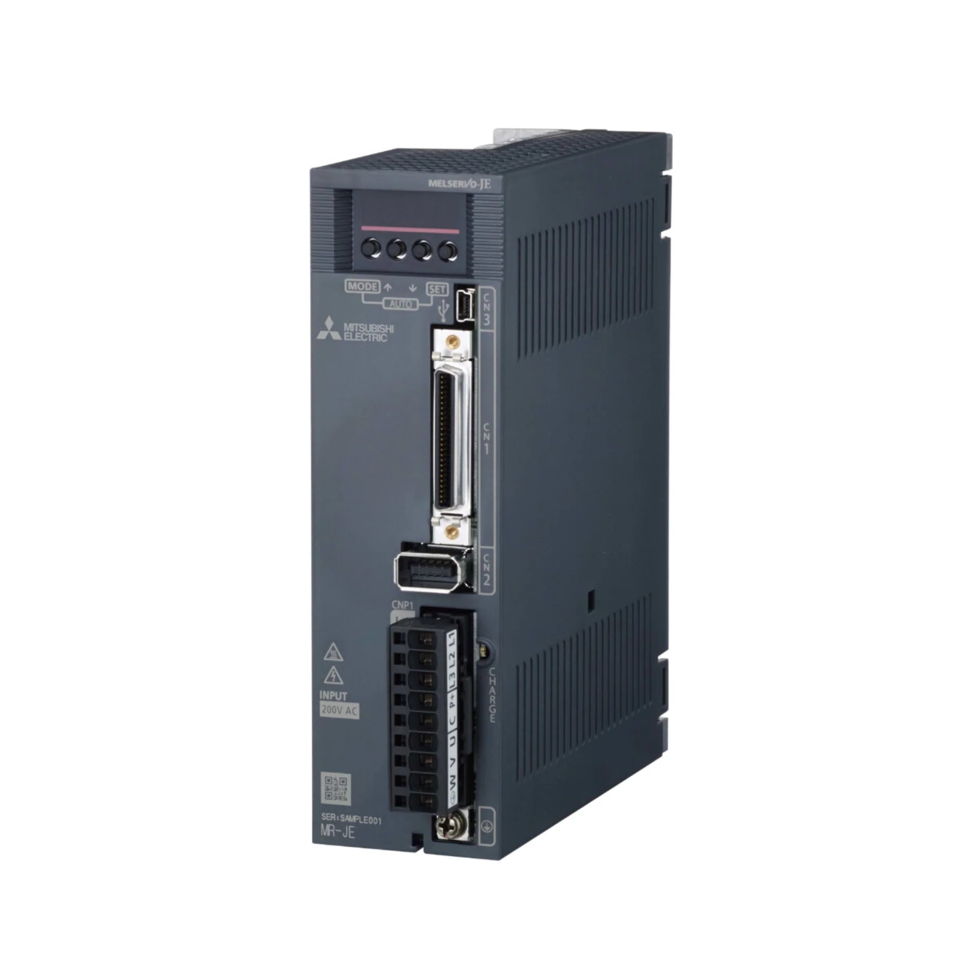 Mitsubishi MR-JE-100A servo amplifier, 1kW, 200V AC, SSCNET III/H network, MR-JE Series, compact and auto-tuned.