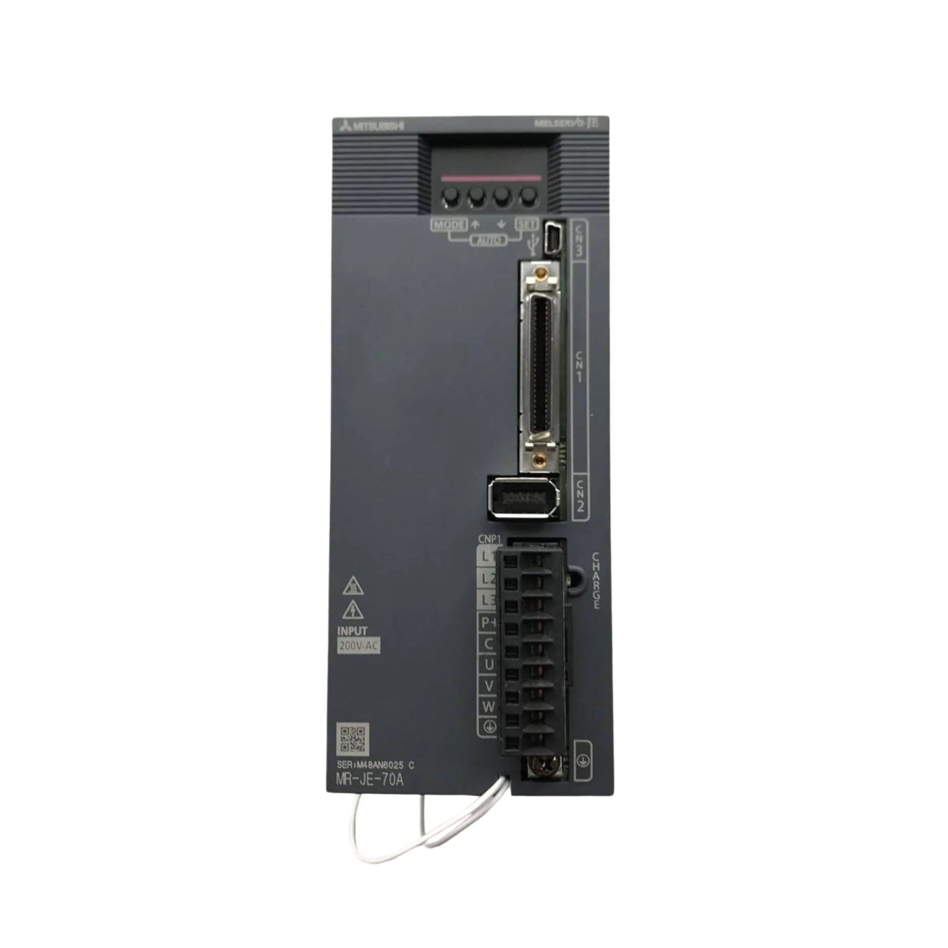 Mitsubishi MR-JE-70A servo amplifier, 0.75kW, 200–240V AC input, built-in dynamic brake, supports pulse train and analog interfaces.